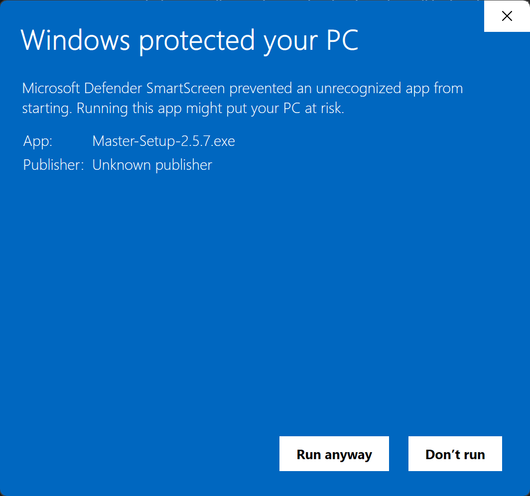 After More info: App Master-Setup-2.5.11.exe, Publisher Unknown publisher, Run anyway and Don't run buttons.