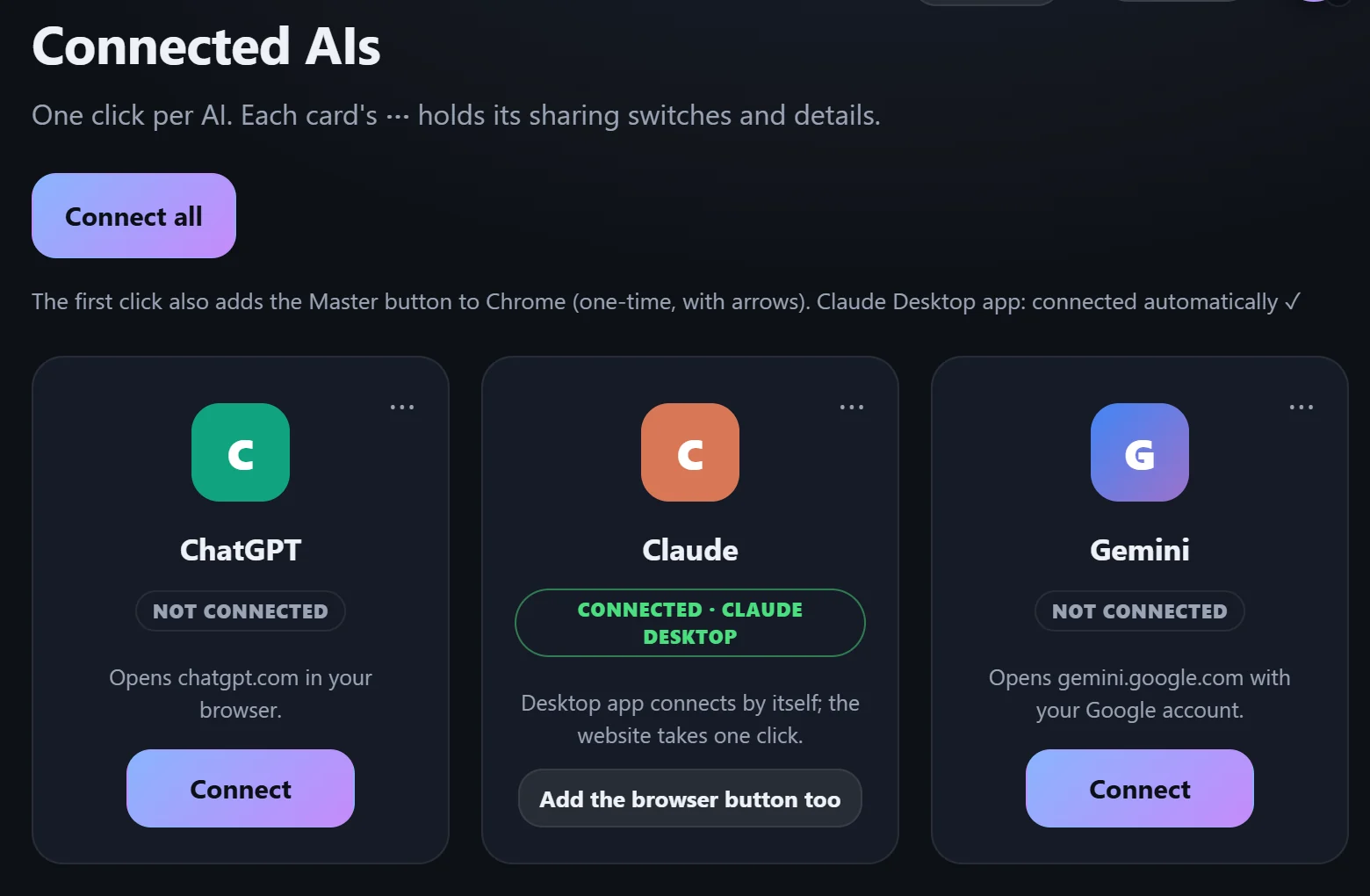 Connected AIs in Master: ChatGPT, Claude and Gemini cards, each with a Connect button