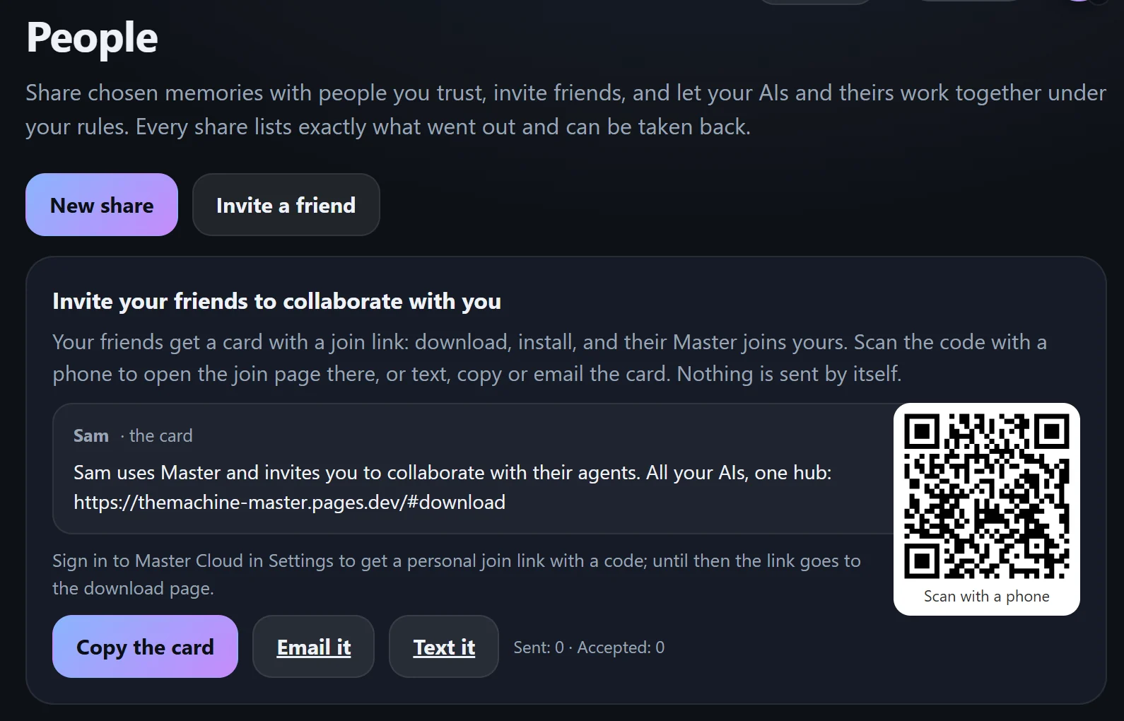 The People screen: an invite card with a join link and a QR code