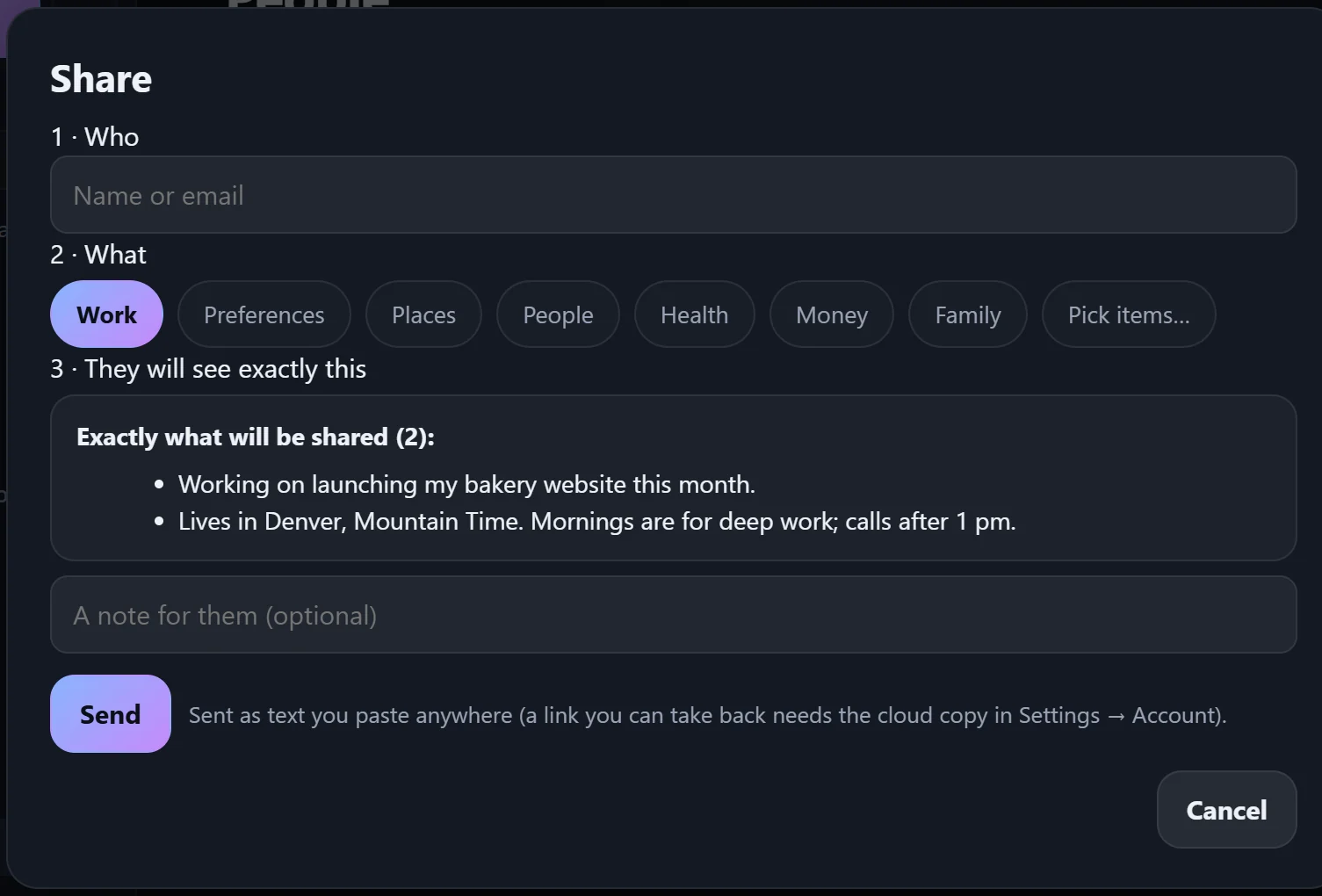 The Share dialog: pick who and what, then see exactly what will be shared